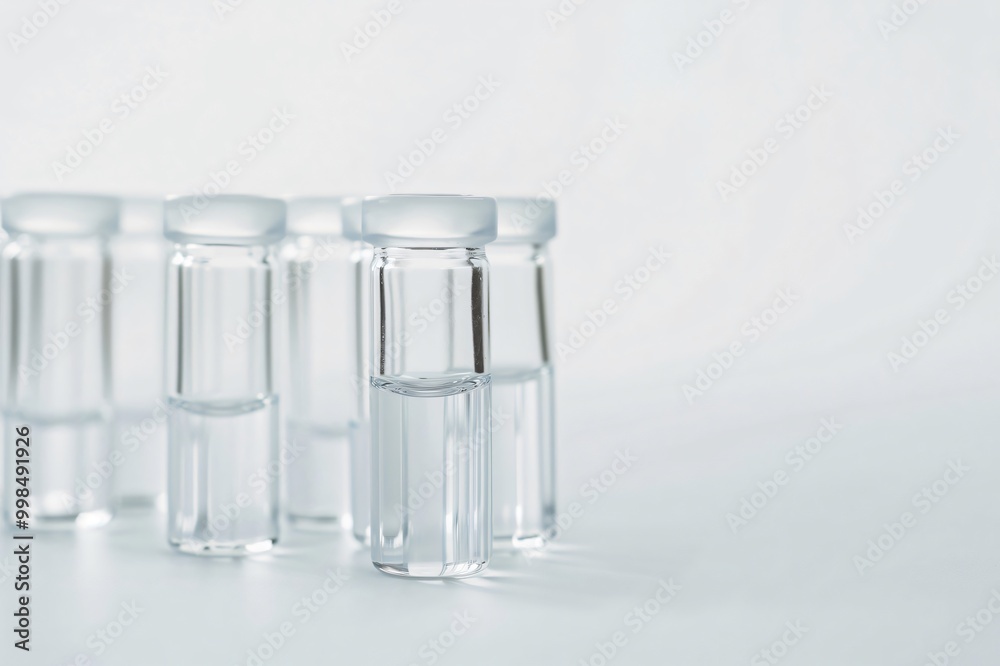 Several laboratory vials containing transparent liquid are standing on a white surface in a laboratory setting Several laboratory vials containing transparent liquid are standing on a white surface in a laboratory setting