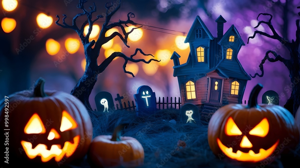 Spooky Halloween Scene with Haunted House and Jack-o'-Lanterns