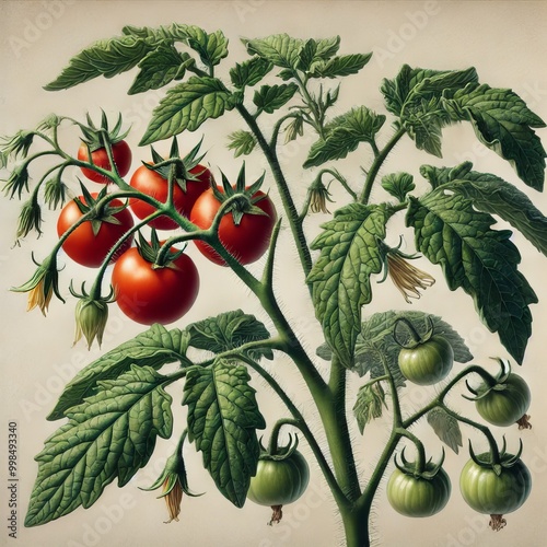 Tomato Plant with Red and Green Tomatoes Illustration