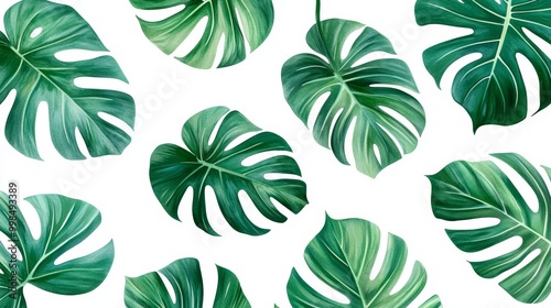 An abstract foliage botanical seamless background with tropical plants, monsteras, leaf branches, leaves. The foliage of exotic plants in summer season.