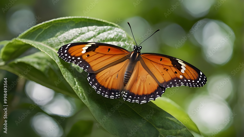 A graceful Queen butterfly (Danaus gilippus) perched on a fresh green leaf