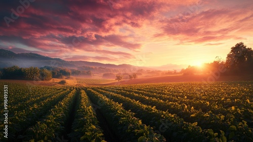 A beautiful organic landscape at sunrise, showcasing fields of crops and a colorful sky above.