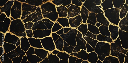 A seamless glossy black gold encrusted broken marble mosaic tile texture. A luxury cracked ceramic art deco cobblestone tileable wallpaper pattern.