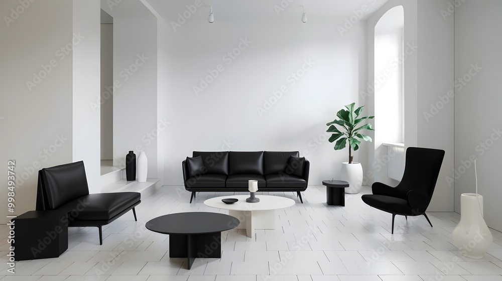Black and White Minimalistic Room with a Potted Plant Black and White Minimalistic Room with a Potted Plant