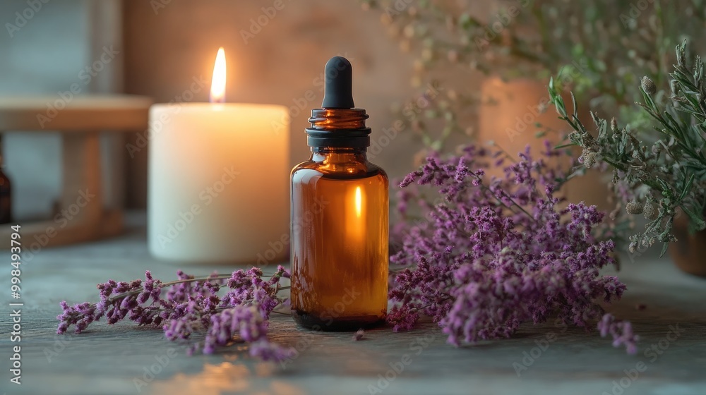 A bottle of magnesium oil placed next to a calming candle and essential oils, promoting relaxation and stress relief. A bottle of magnesium oil placed next to a calming candle and essential oils, promoting relaxation and stress relief.
