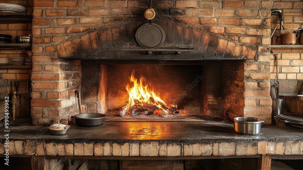 A brick oven with flames, capturing the art of traditional cooking in a rustic kitchen setting. A brick oven with flames, capturing the art of traditional cooking in a rustic kitchen setting.