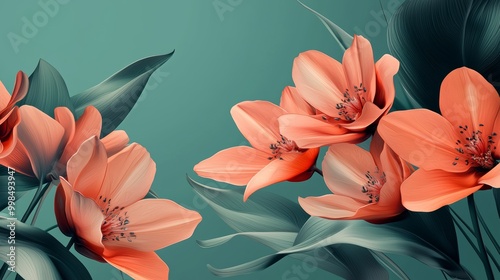 This is an abstract background with pink, orange, blue, and peach colors with a flower illustration. A beautiful abstract background with soft pastel colors and a flower illustration with leaves.