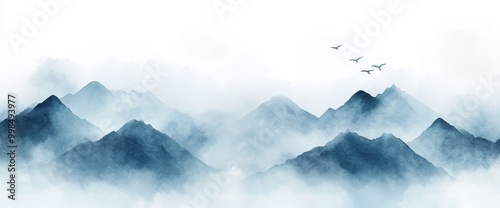 A watercolor landscape background with blue mountains and hills. For decorating, printing, or designing an interior.