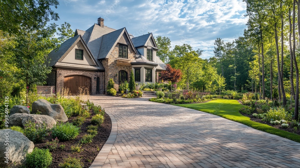 A brick-paved driveway leading to a charming home, highlighting landscaping and outdoor aesthetics. A brick-paved driveway leading to a charming home, highlighting landscaping and outdoor aesthetics.