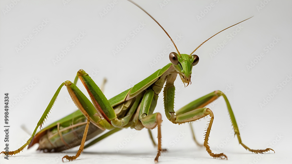 A European Mantis (Mantis religiosa) set against a clean white backdrop A European Mantis (Mantis religiosa) set against a clean white backdrop