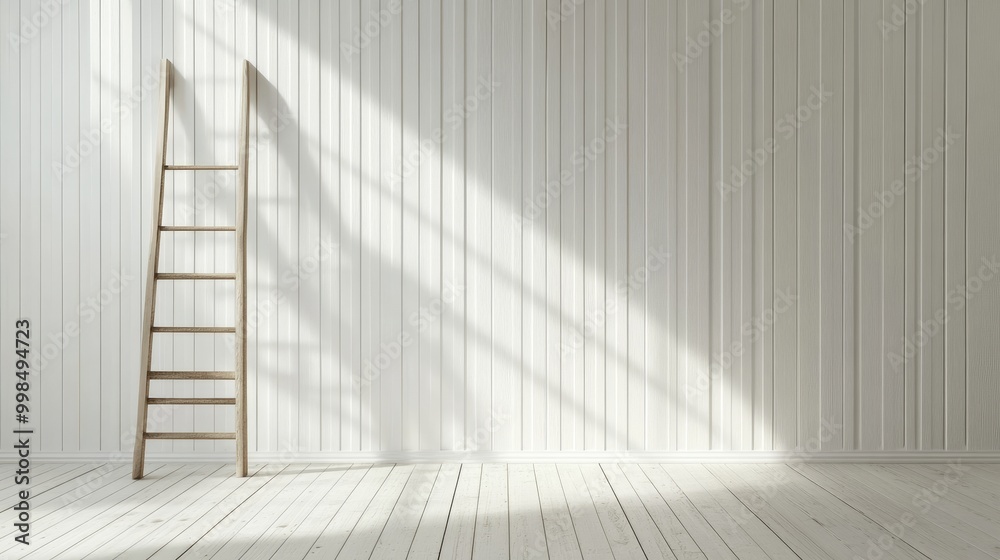Obraz premium Room with white walls and parquet floor and striped beige wallpaper on the wall with copy space. Concept of housework.