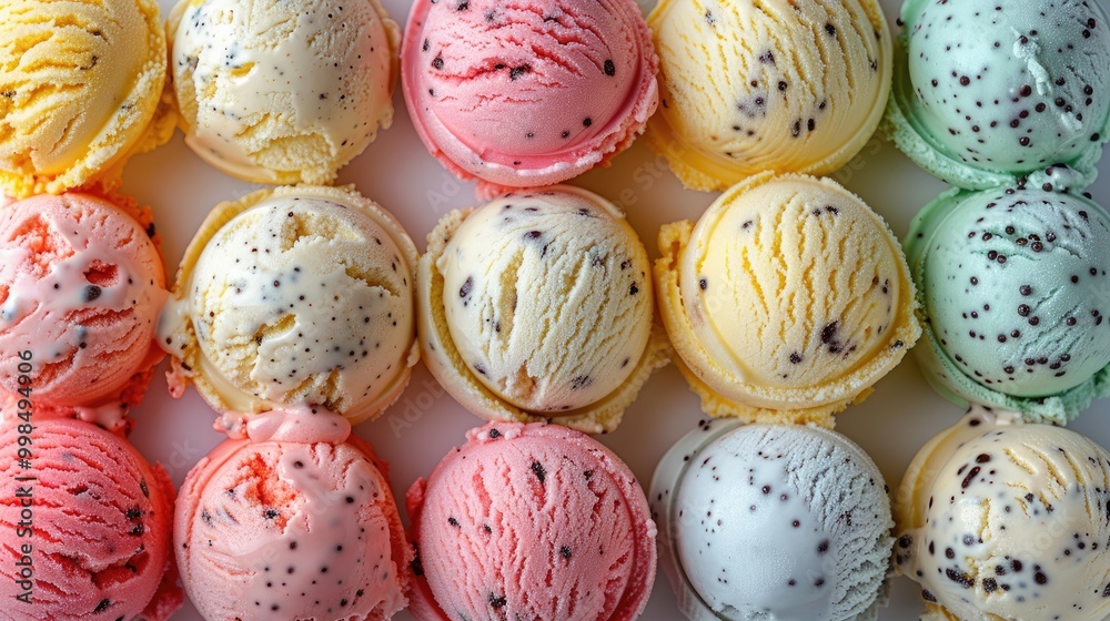 A variety of colorful ice cream scoops arranged in rows on a white background.