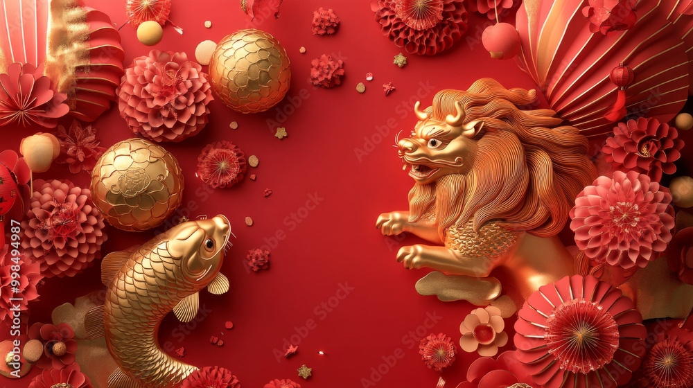 A red background with gold and red flowers and a lion and a fish A red background with gold and red flowers and a lion and a fish