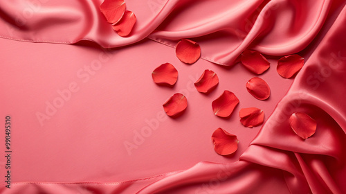 Valentine's Day luxury red satin fabric with smooth, soft texture for elegant fashion backgrounds and rose petals