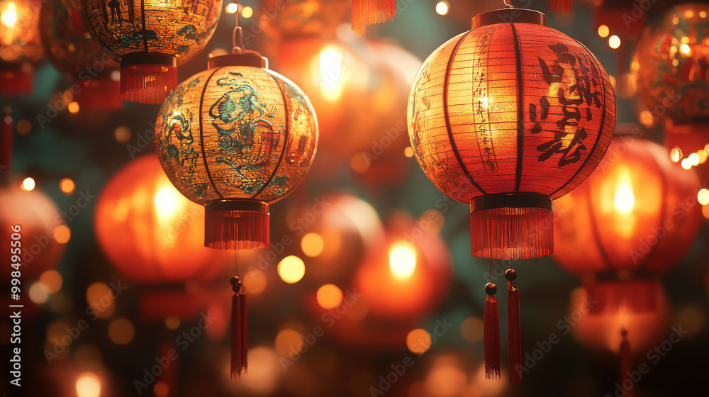 Obraz premium A bunch of colorful lanterns hanging from the ceiling