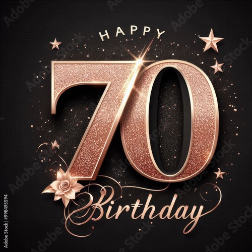 Elegant 70th birthday celebration graphic with sparkling gold numbers and floral accents.