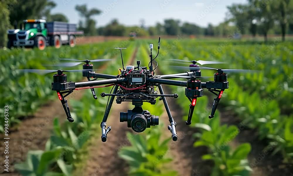 A drone equipped with a camera flying over a green crop field. A drone equipped with a camera flying over a green crop field.