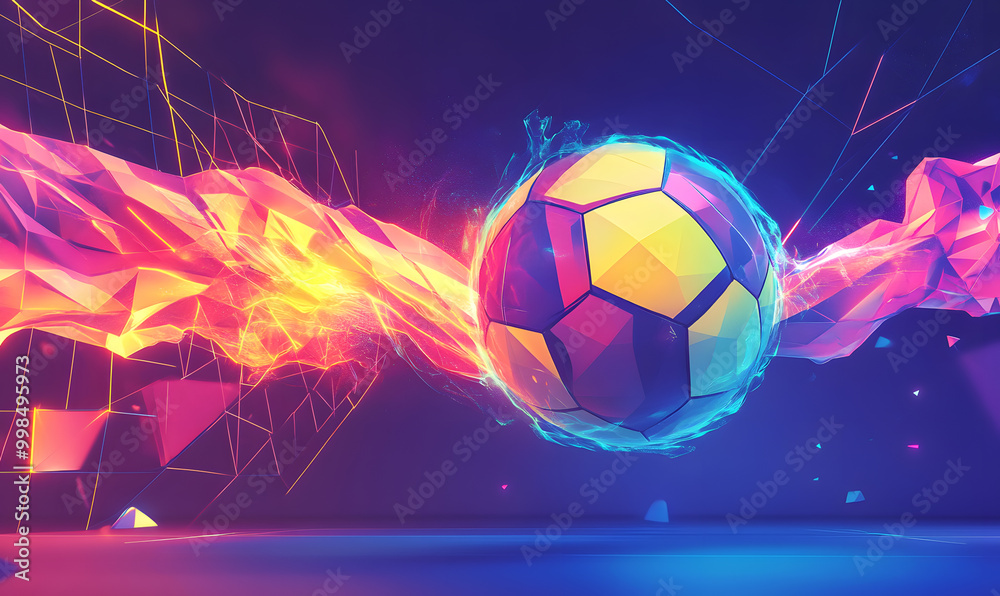 Fototapeta premium Dynamic Volleyball Action with Neon Lights and Abstract Geometric Patterns for Futuristic Sports Branding