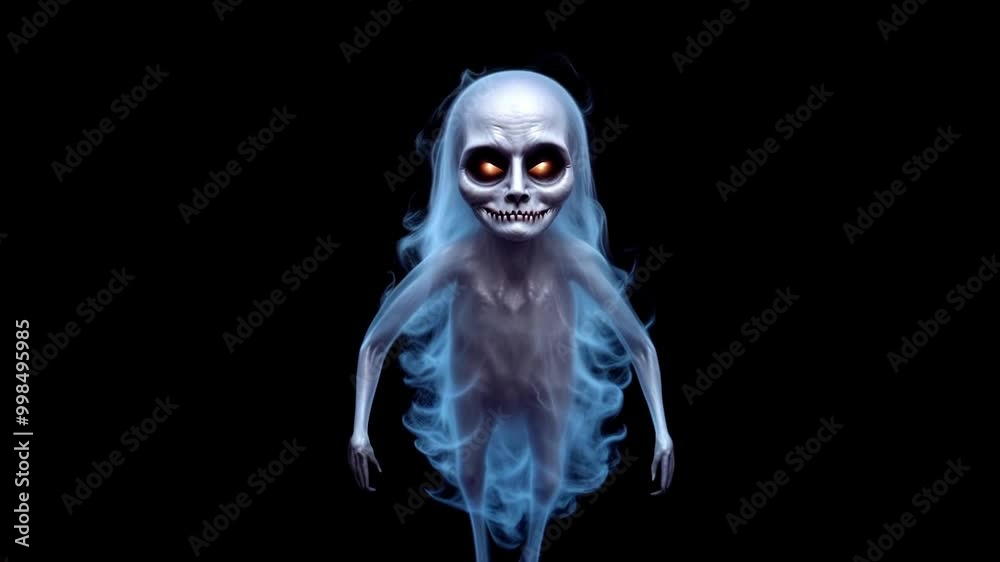 Ghostly Spirit with Glowing Eyes for Halloween Horror and Supernatural Themes On Black Background Ghostly Spirit with Glowing Eyes for Halloween Horror and Supernatural Themes On Black Background