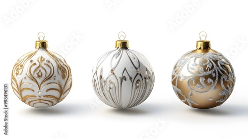 Set of different Christmas ornament cutouts, white background, gold and silver colors