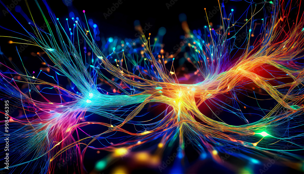 Visualistion concept of neural connections as optic filaments with bright vivid color signals on a dark black background Visualistion concept of neural connections as optic filaments with bright vivid color signals on a dark black background