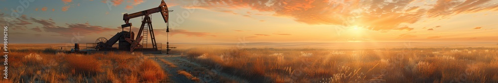 Oil pumpjack operating in a vast Texas plain during a beautiful golden sunset. Free copy space for banner.