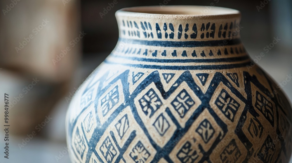 A close-up of a geometric ceramic vase, showcasing intricate patterns and craftsmanship. A close-up of a geometric ceramic vase, showcasing intricate patterns and craftsmanship.