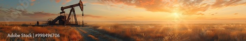 Oil pumpjack operating in a vast Texas plain during a beautiful golden sunset. Free copy space for banner.