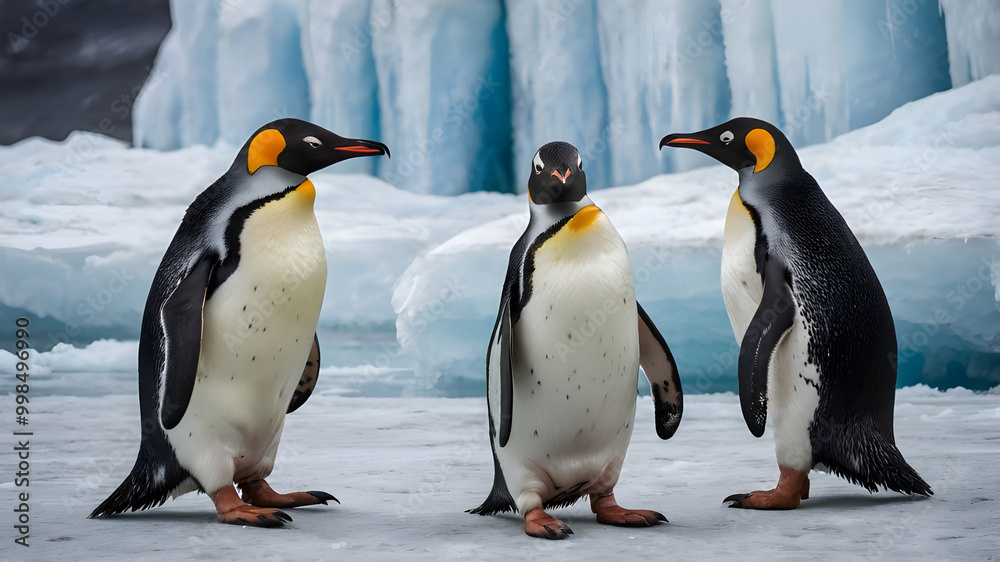 Fototapeta premium Three European Penguins stand close together