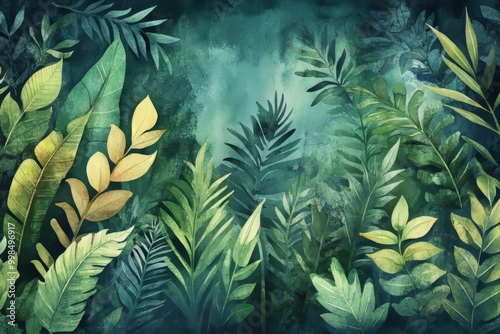 Stock illustration of tropical plants and palm trees for wallpaper or banner backgrounds. Wallpaper pattern painted in watercolour.