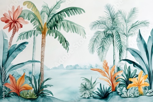 A watercolour illustration of tropical plants and palm trees as a texture background for wallpaper or banner. Stock illustration.