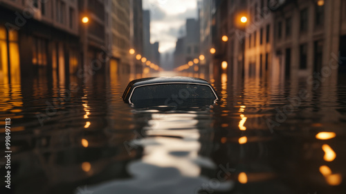 A city street submerged under floodwaters, reflections of tall buildings in murky water, photo