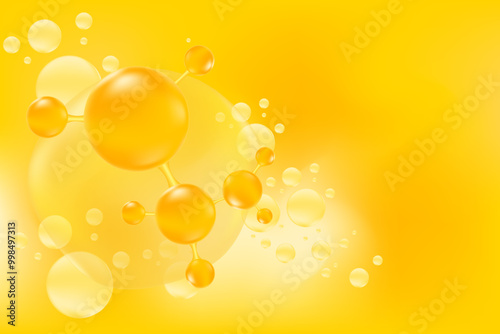Gold oil or collagen molecule formula, with gold liquid particles, bubbles pattern. Hyaluronic acid serum chemical formula background with copy space. Beauty treatment nutrition.