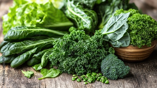 A close-up of leafy greens on a wooden table, emphasizing their magnesium content and health benefits