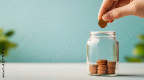 One coin being dropped into a donation jar, illustrating how small contributions collectively bring about large change.  photo