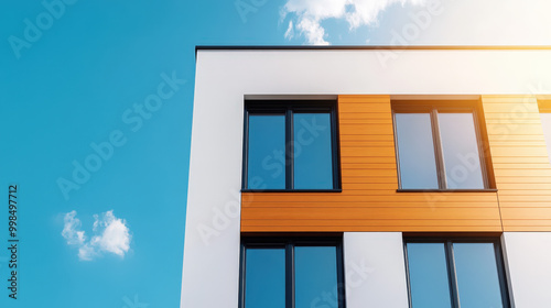 The old residential building with its many windows on the wall stands tall against the backdrop of the bustling city skylineThe old residential building with its many windows on the wall stands tall a photo