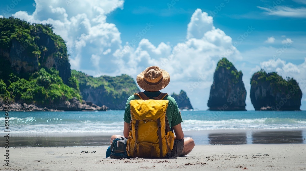 Fototapeta premium Traveler enjoys a serene beach view with a yellow backpack, facing the sea, under a blue sky with distant rocks and lush hills.