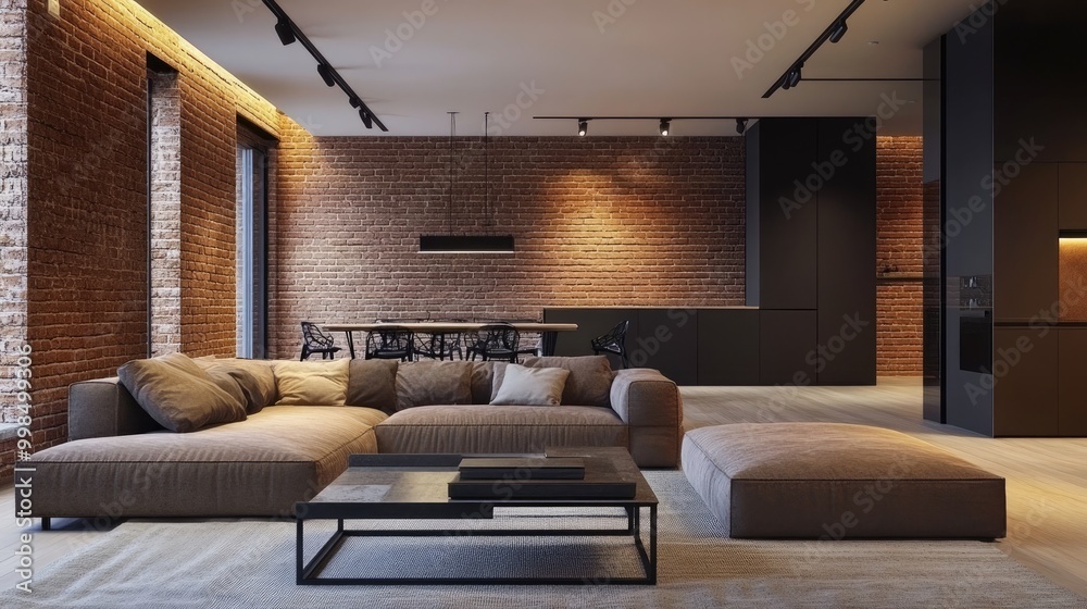 A modern home with an exposed brick interior, merging contemporary design with classic elements for a chic look. A modern home with an exposed brick interior, merging contemporary design with classic elements for a chic look.