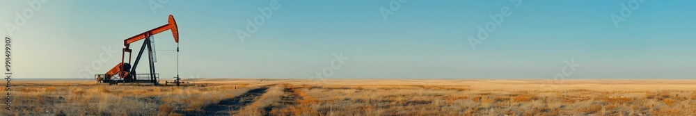 Oil pumpjack operating in a vast Texas plain during a beautiful golden sunset. Free copy space for banner. Oil pumpjack operating in a vast Texas plain during a beautiful golden sunset. Free copy space for banner.