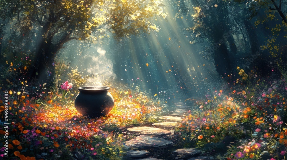 A cauldron steams in a sun-drenched forest clearing, surrounded by wildflowers and a stone path. A cauldron steams in a sun-drenched forest clearing, surrounded by wildflowers and a stone path.