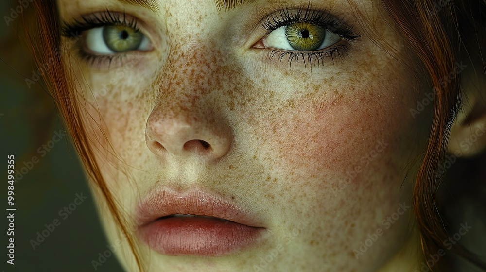 Close-Up Portrait of a Woman with Green Eyes and Freckles Close-Up Portrait of a Woman with Green Eyes and Freckles
