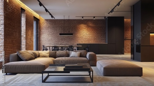 A modern home with an exposed brick interior, merging contemporary design with classic elements for a chic look.