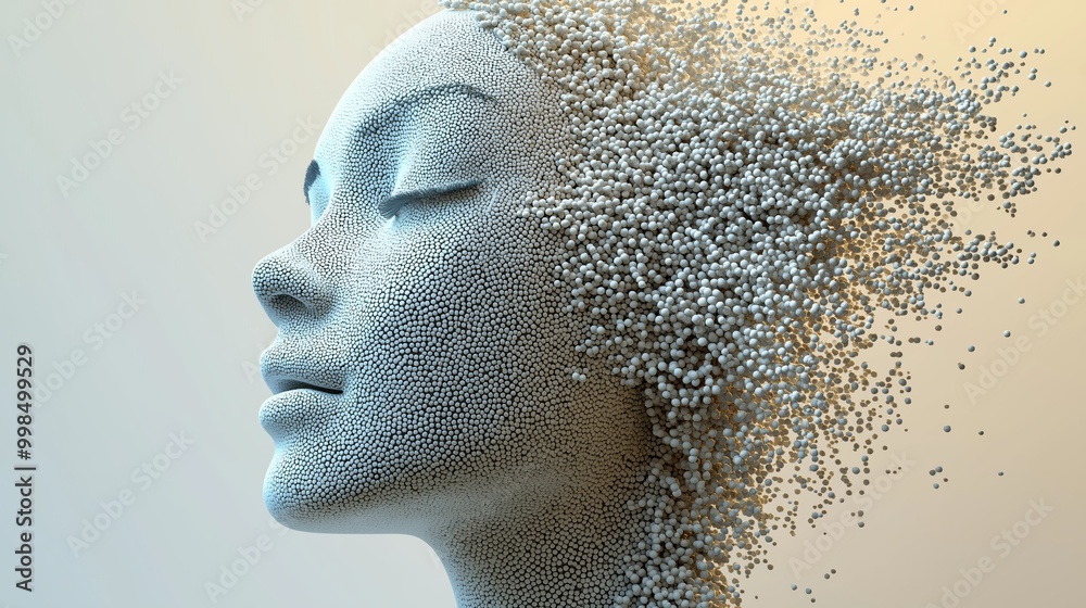 An abstract art piece showing a woman's face dissolving into countless particles, symbolizing transformation and fragmentation. An abstract art piece showing a woman's face dissolving into countless particles, symbolizing transformation and fragmentation.
