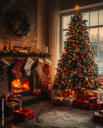 A cozy living room with a fireplace and a Christmas tree