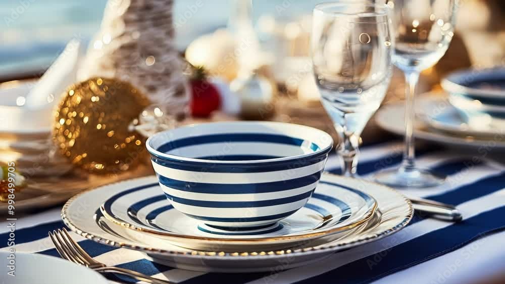 Festive table setting showcasing elegant dinnerware with a nautical stripe pattern, creating a sophisticated and maritime inspired holiday ambiance Festive table setting showcasing elegant dinnerware with a nautical stripe pattern, creating a sophisticated and maritime inspired holiday ambiance
