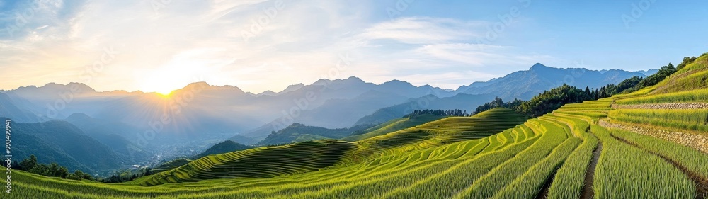 Panoramic view of rice terrace with mountains and sky Panoramic view of rice terrace with mountains and sky