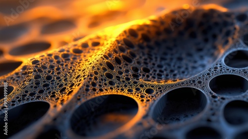 Close-up of an orange lit, black porous surface showing intricate patterns and textures, evoking depth and form.