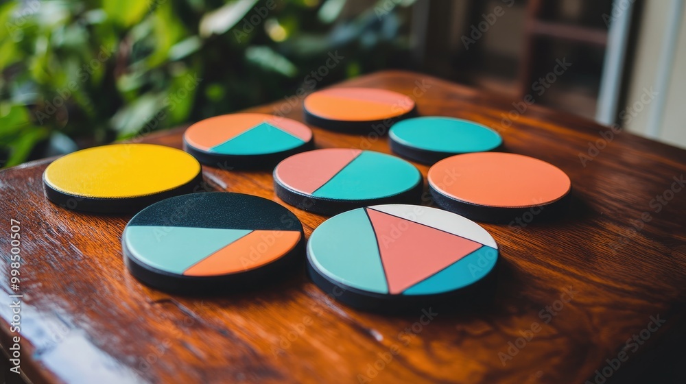 A set of colorful geometric coasters arranged on a wooden table, adding a playful touch to dining decor. A set of colorful geometric coasters arranged on a wooden table, adding a playful touch to dining decor.