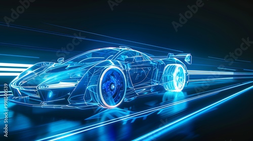 A blue hologram of an electric sports car driving on the road, glowing with neon light effects. The vehicle's sleek design is visible in its transparent form, showcasing intricate details and dynamic 