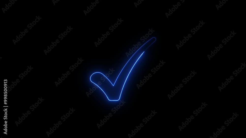 Abstract glowing neon line Check mark icon.Virus protection approved. Check mark neon animation on transparent background.